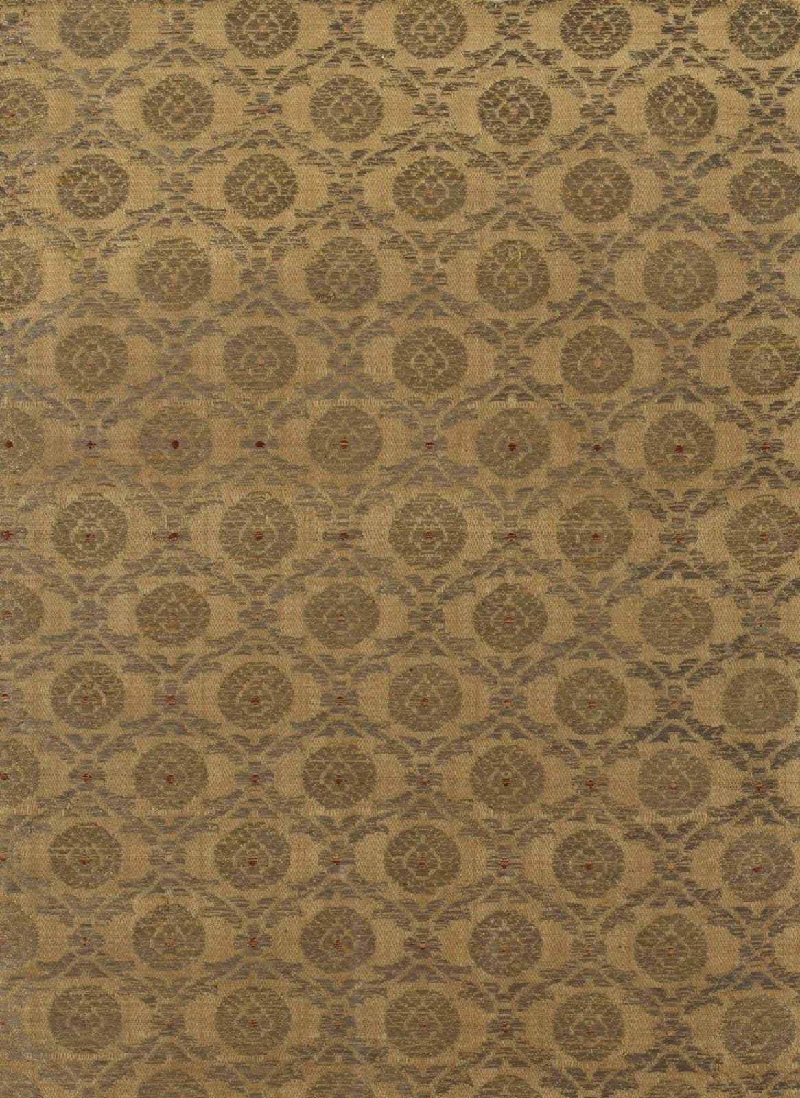 Olive gold brocade worked in an allover pattern of woven roundels
